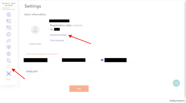 Verifying your account with the broker Intrade Bar