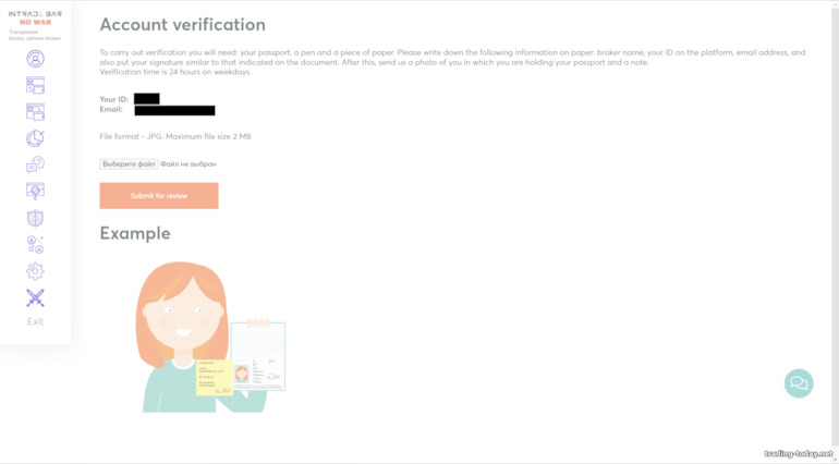 The procedure for verifying an account with the broker Intrade Bar