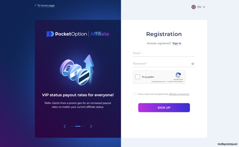 registration form for a new Pocket Option affiliate account