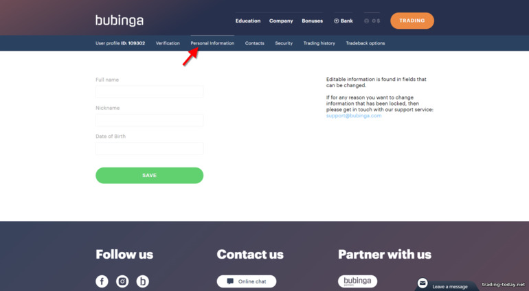 account verification with broker Bubinga - personal data