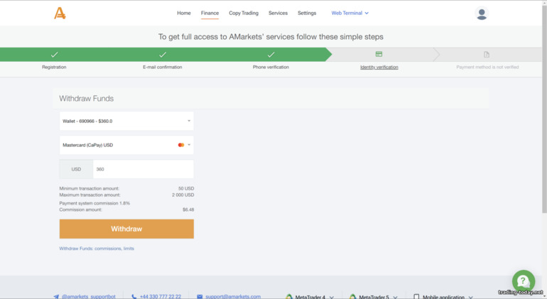 conditions for withdrawing funds from the broker AMarkets