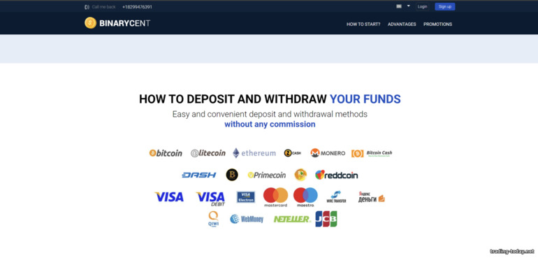 methods of depositing and withdrawing funds from the Binarycent broker