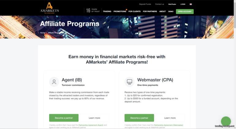 official website of the AMarkets Partner affiliate program