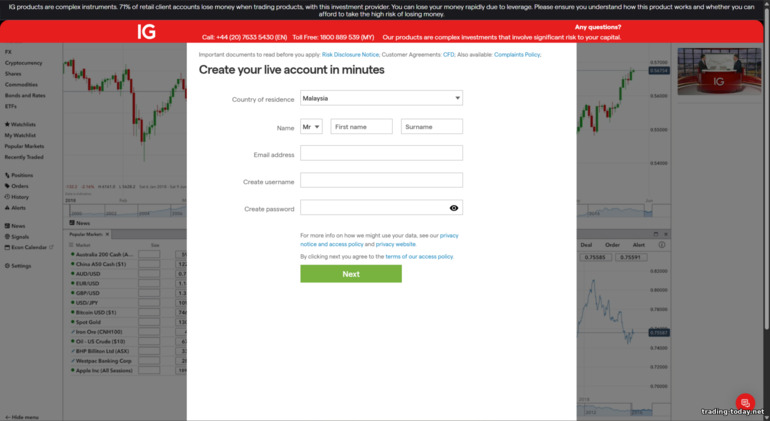 IG Markets trading account signup form