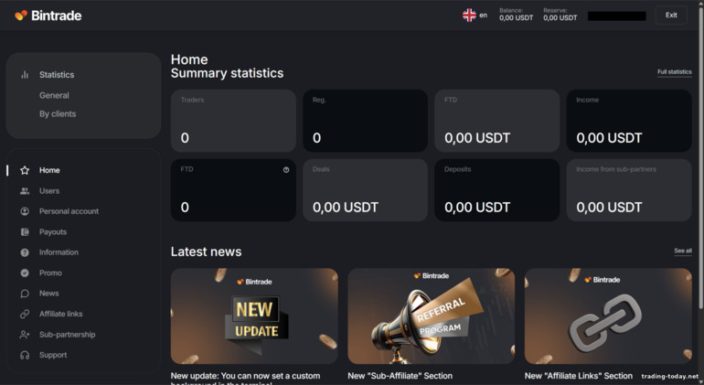 BinTrade affiliate account settings