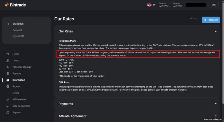 BinTrade affiliate payout conditions