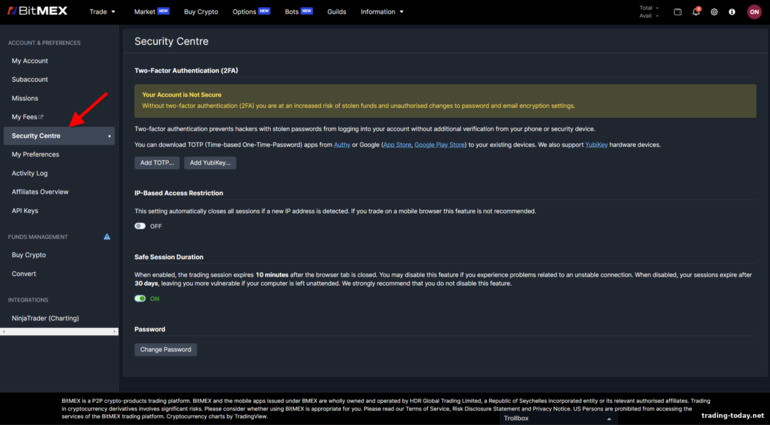 BitMex Account Security Settings
