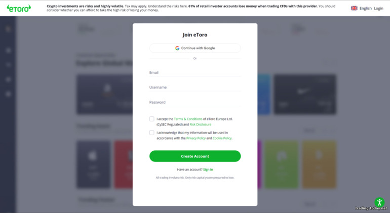 eToro broker account registration form