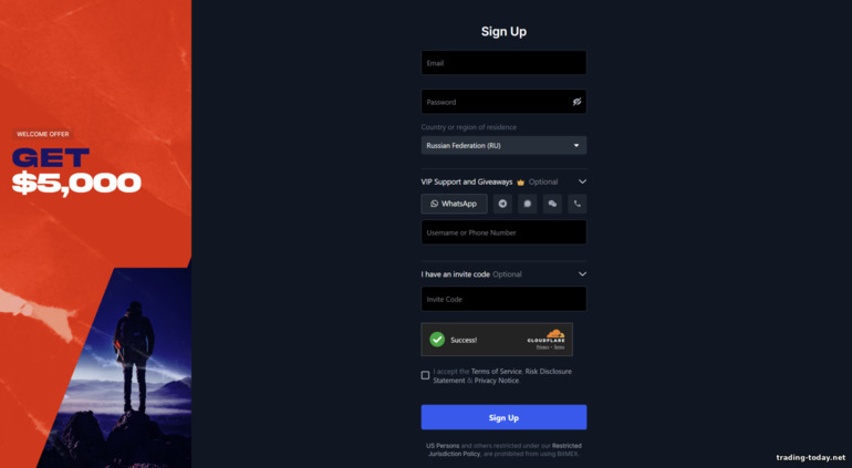 BitMex Registration Form