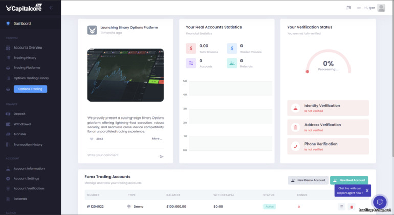 CapitalCore trading account