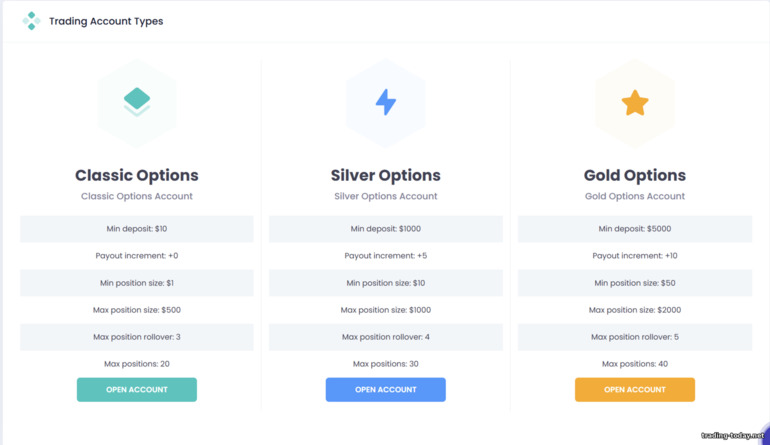 CapitalCore binary options account types