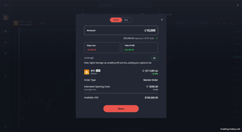 eToro broker trade opening panel